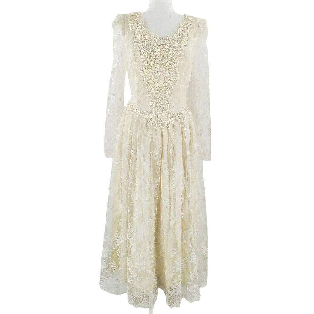 Vtg Jessica McClintock Prairie‎ Vintage Bridal Ivory Lace Wedding Dress NWT 9/10
